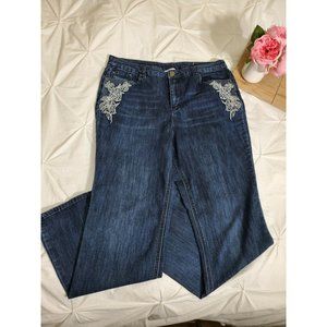 Christopher And Banks Denim Jeans w/ white floral embroidery womans size 14